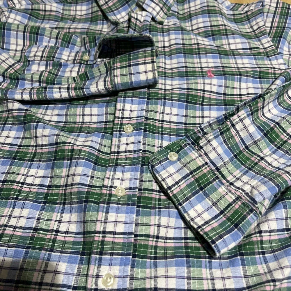 Ralph Lauren Shirt Men's‎ Custom Fit Size L Green Blue  Plaid Cotton Casual